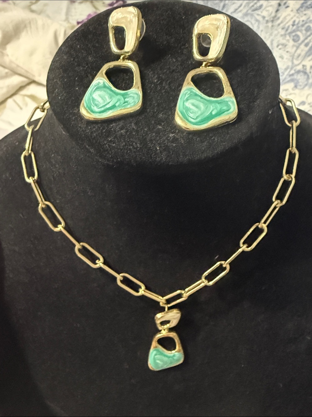 Gold-Tone Necklace and Earring Set with Mint Green Enamel Accents